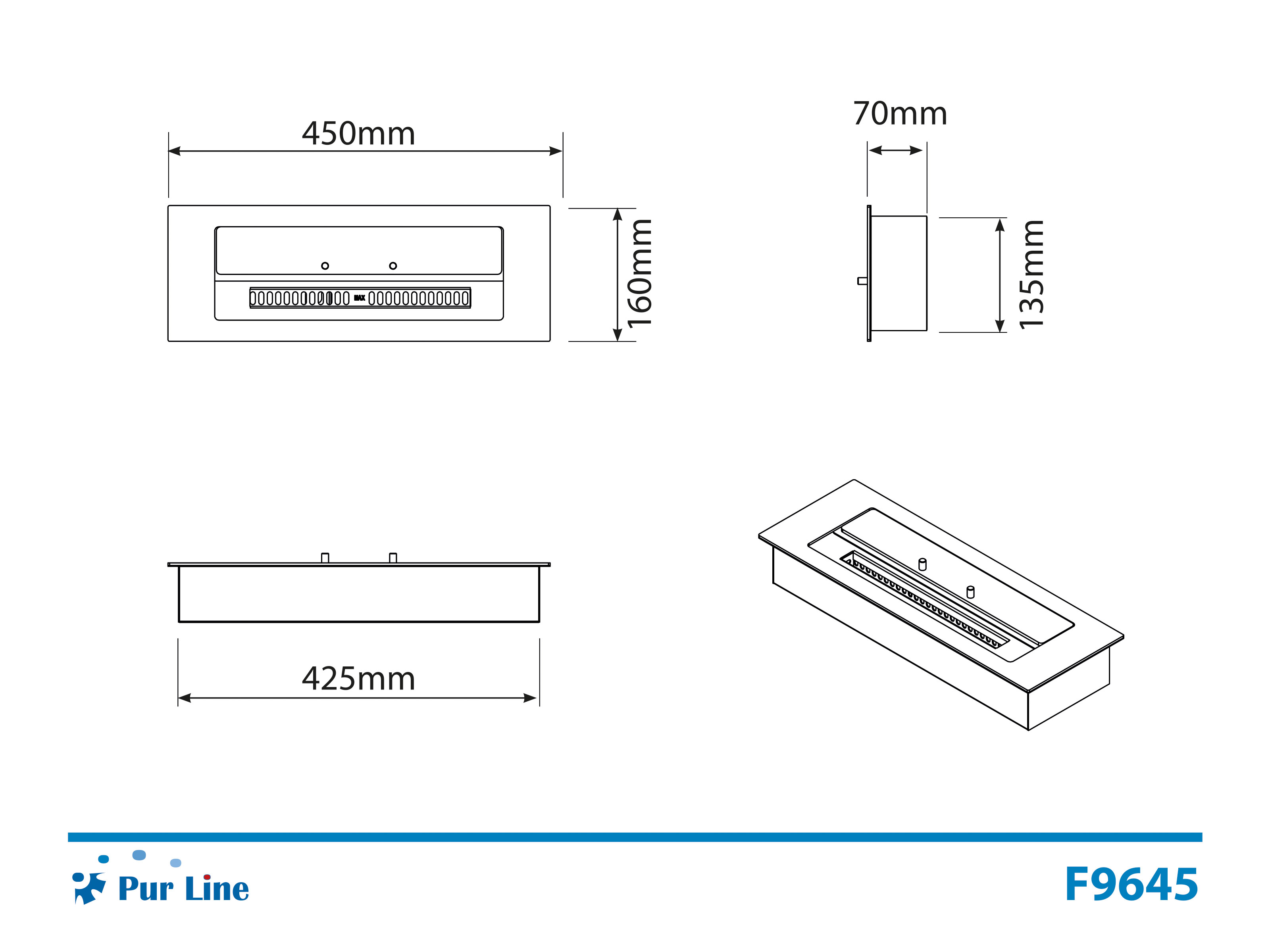 Diagrama de una chimenea empotrada rectangular, con dimensiones en milímetros, y marca Pur Line y modelo F9645.