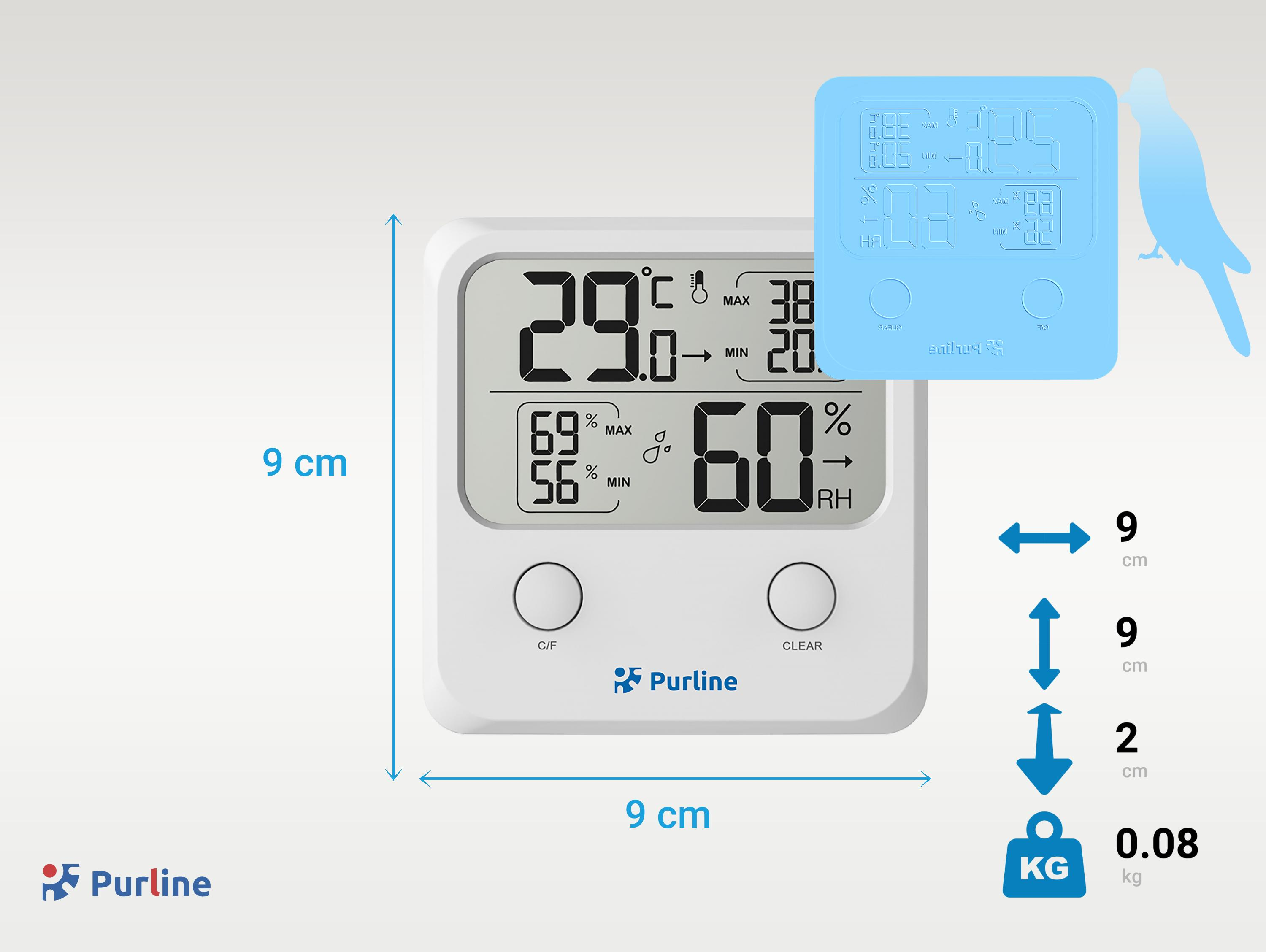 Termómetro digital blanco con pantalla. Dimensiones y peso en la imagen.