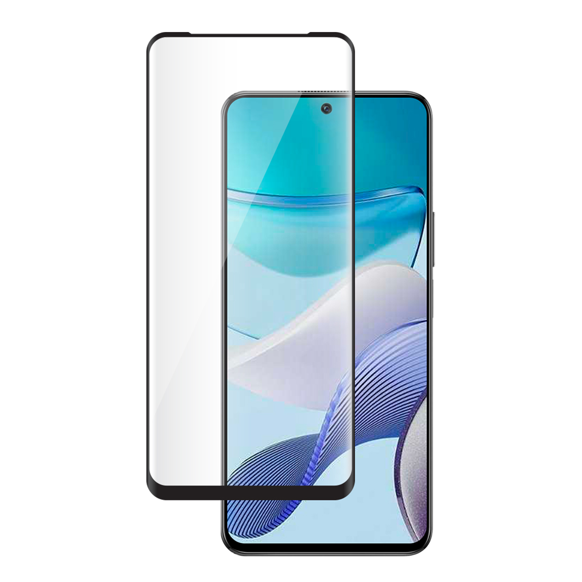 Uno smartphone con una protezione schermo applicata. Il telefono mostra uno sfondo astratto blu e bianco, la protezione è trasparente.