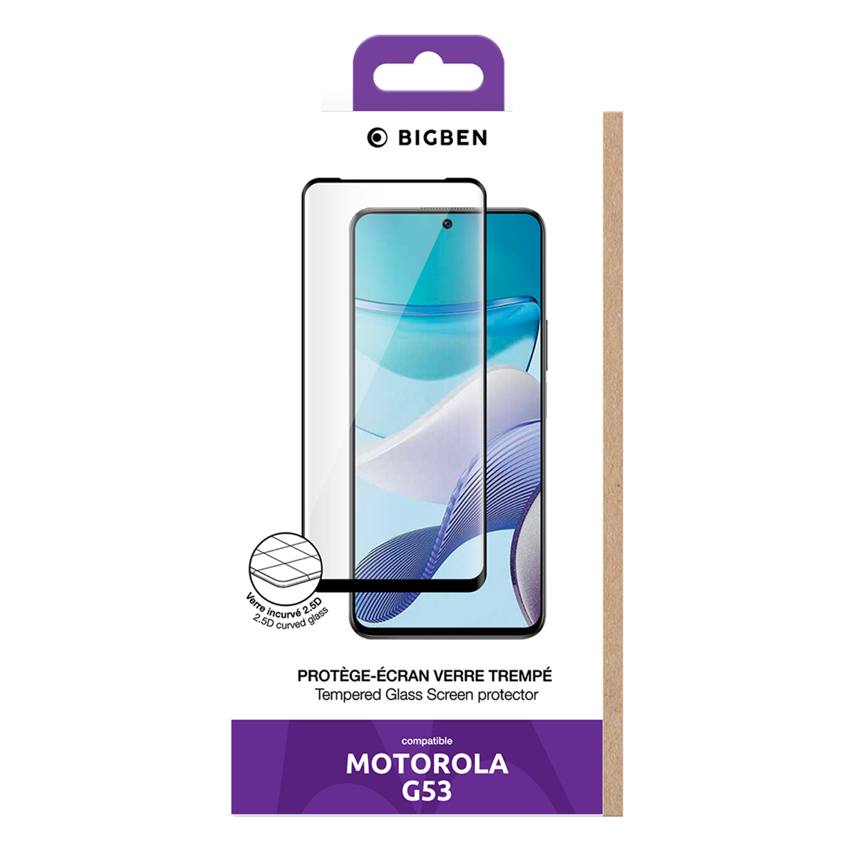 Una scatola di protezione per lo schermo del telefono mostra uno schermo del telefono. Il testo include "BIGBEN", "MOTOROLA G53" e "Tempered Glass Screen protector".