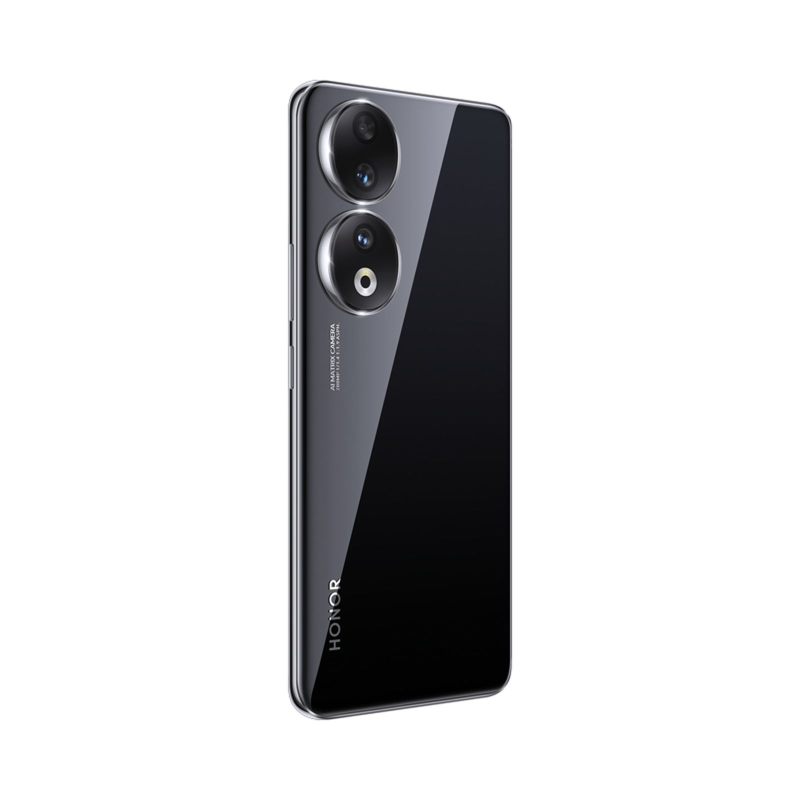 Schwarzes HONOR-Handy mit Dual-Objektiv-Kamera auf der Rückseite, glänzendes Finish und das Wort HONOR.