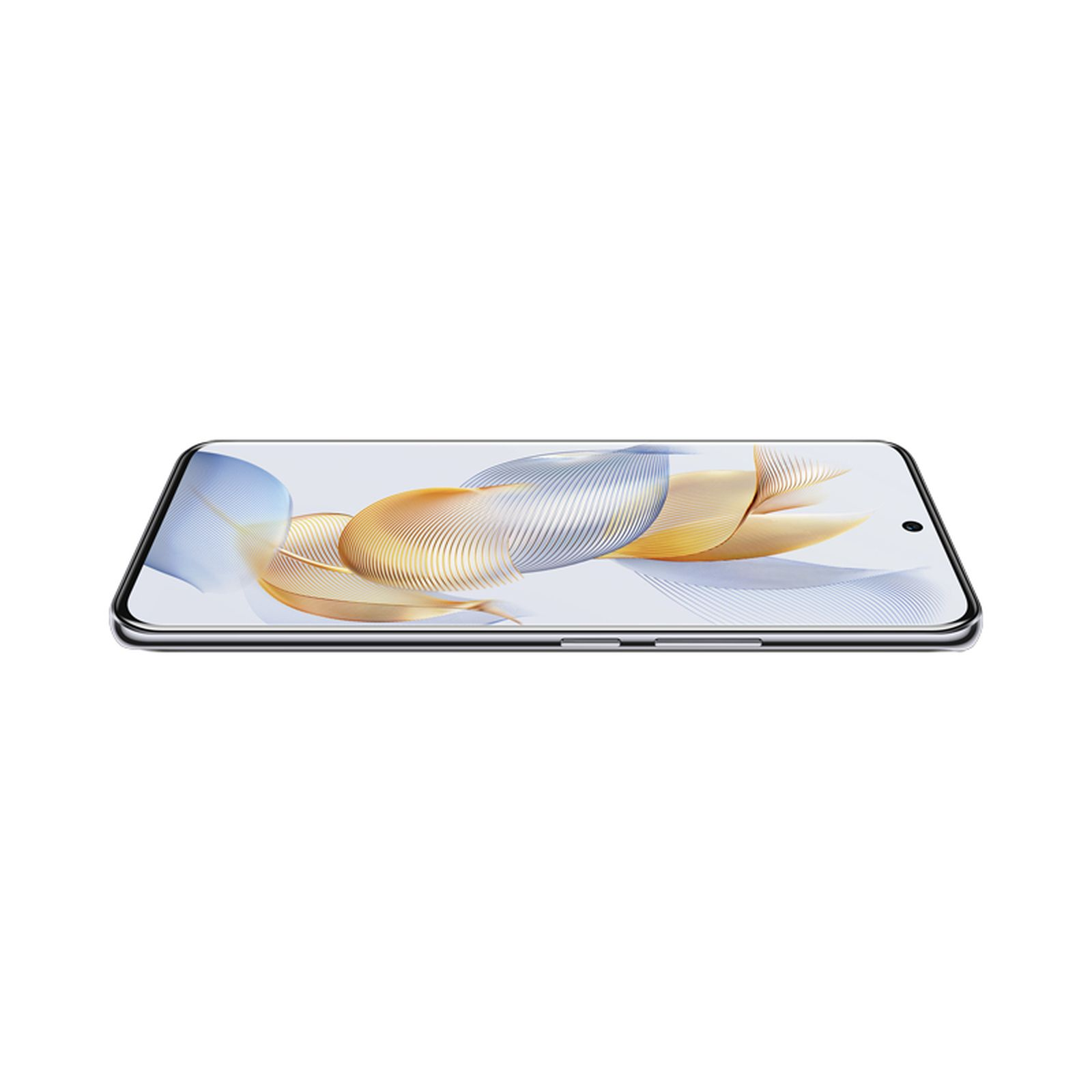 Ein silbernes Smartphone mit gebogenem Bildschirm, das ein wellenförmiges Design vor weißem Hintergrund zeigt.