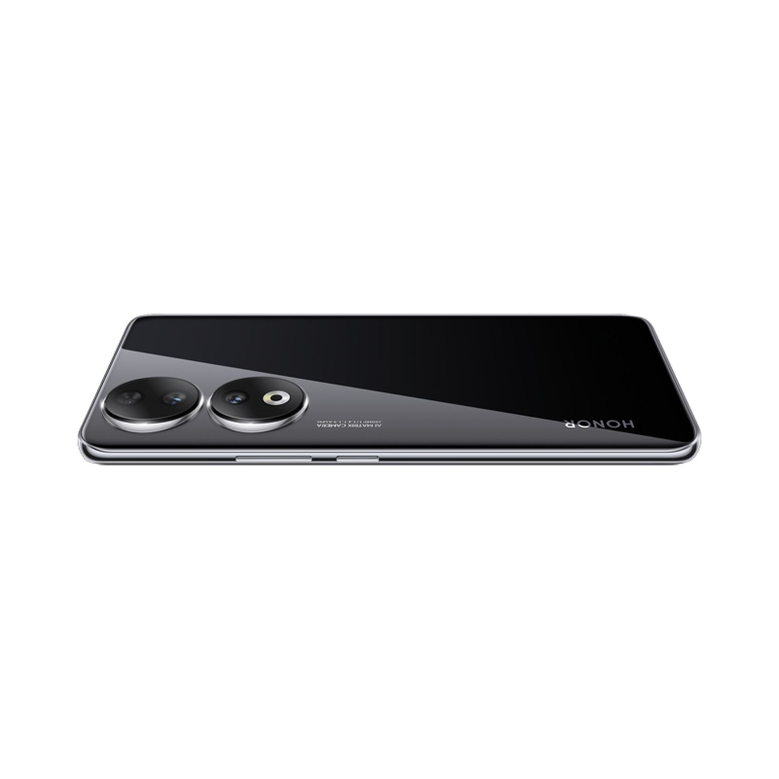 Ein schwarzes Smartphone mit zwei Kameralinsen auf weißem Grund.
