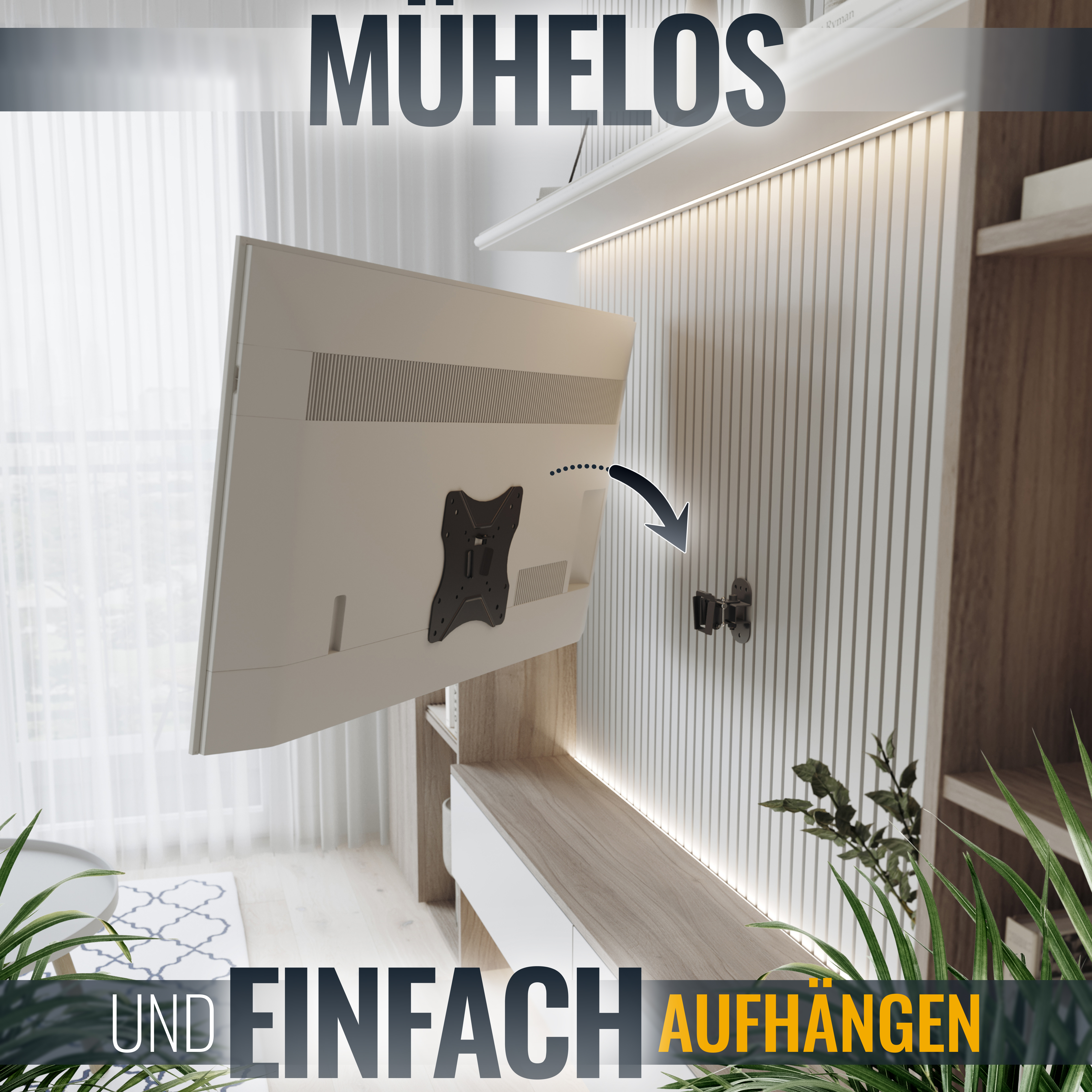 Un televisor en un soporte de pared, flecha que apunta al soporte, interior blanco y de madera, texto.