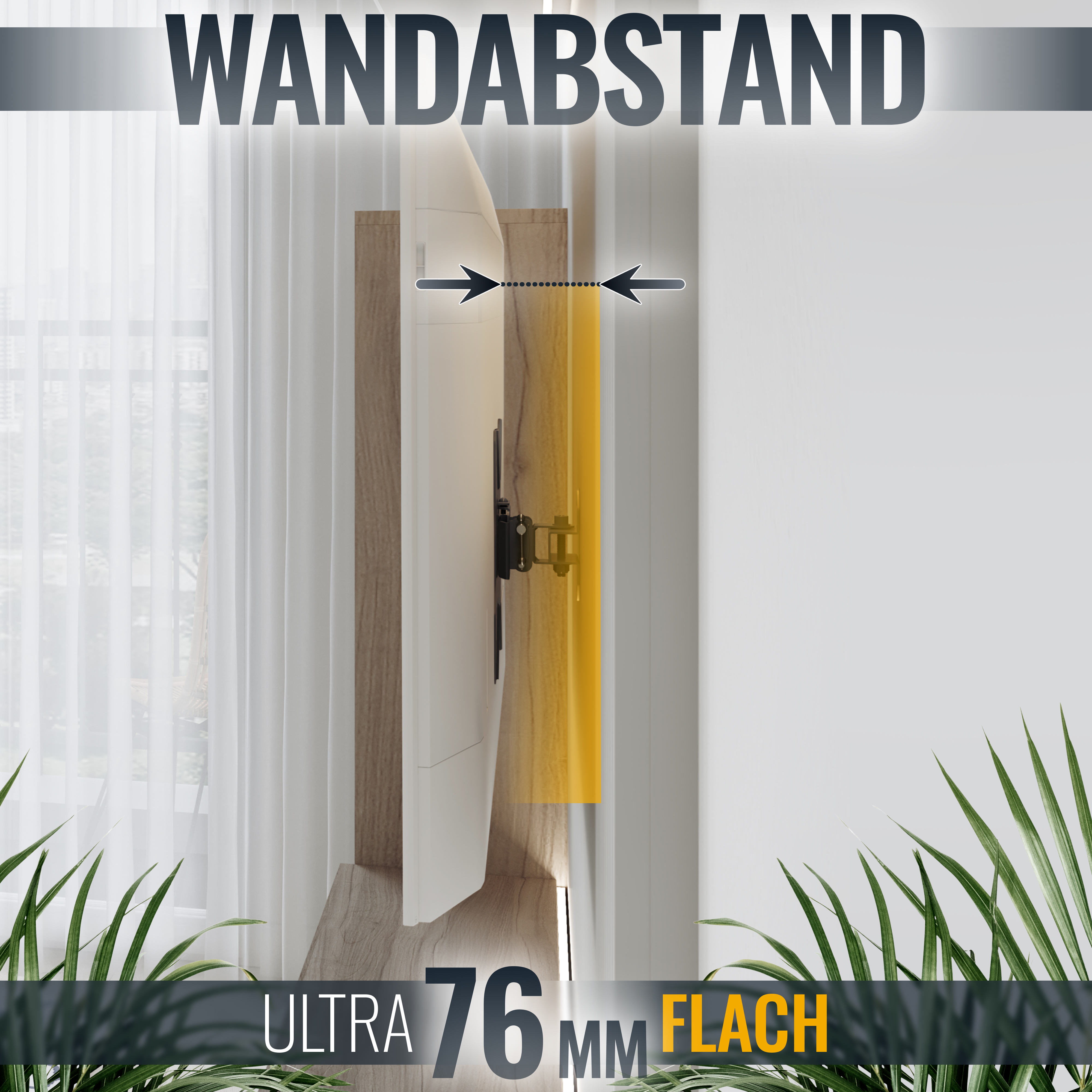 Televisor montado en la pared con el texto 'WANDABSTAND' y 'ULTRA 76 MM FLACH'.
