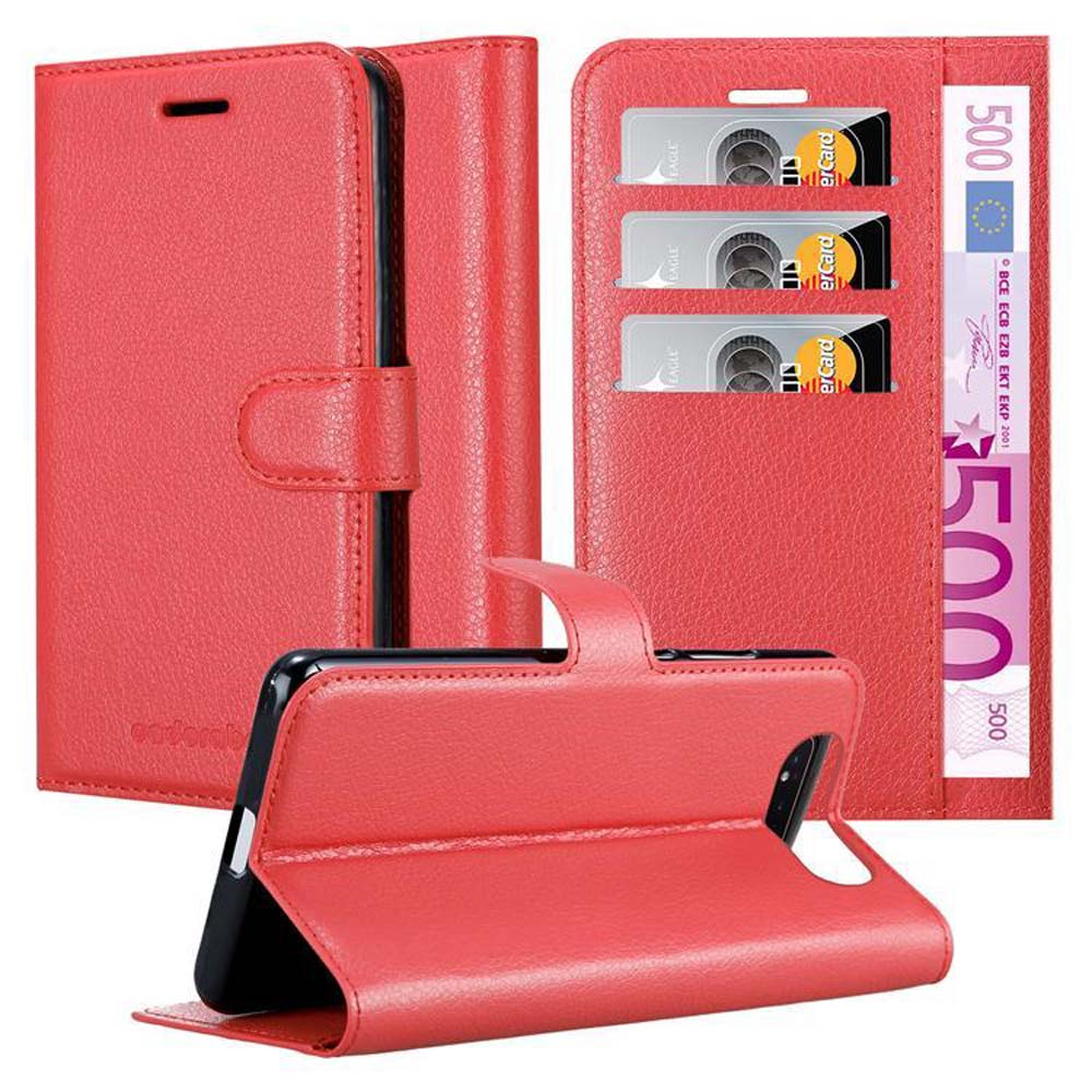 Custodia per telefono in pelle rossa, aperta e chiusa, con fessure per carte e denaro.
