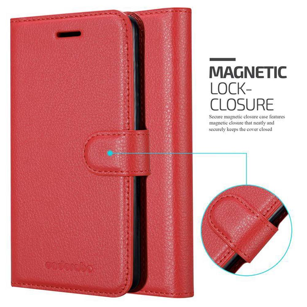 Custodia rossa per telefono con chiusura magnetica. Mostra la custodia chiusa e il dettaglio della chiusura.