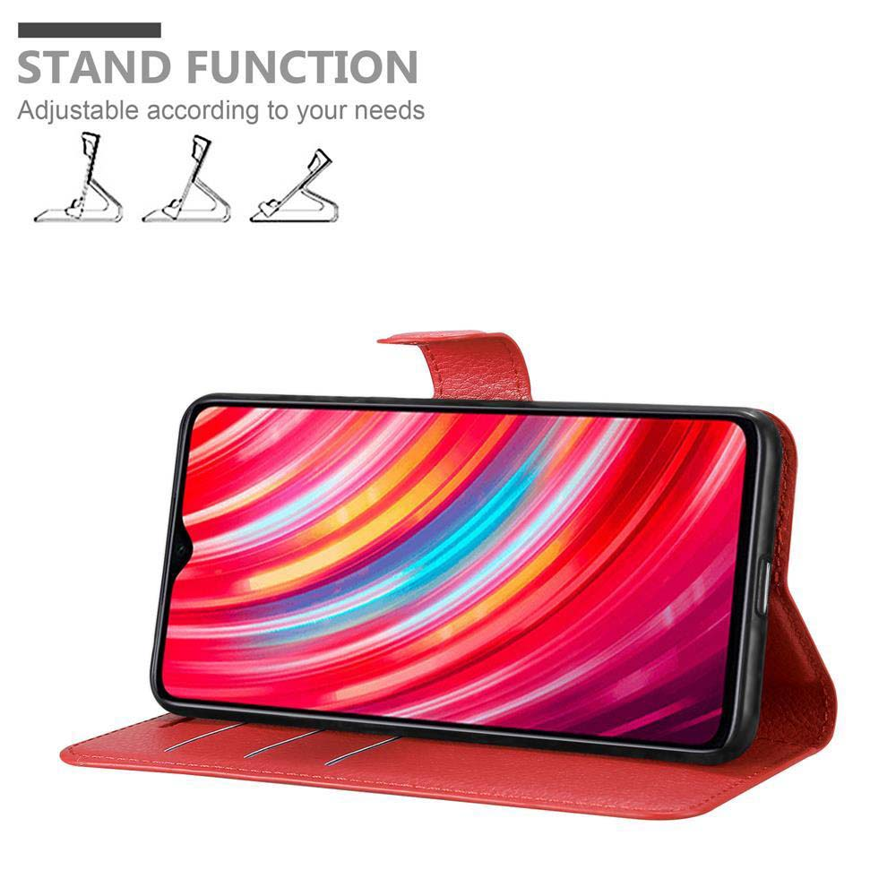 Rote Handyhülle, offen mit Telefon, Standfunktion gezeigt.