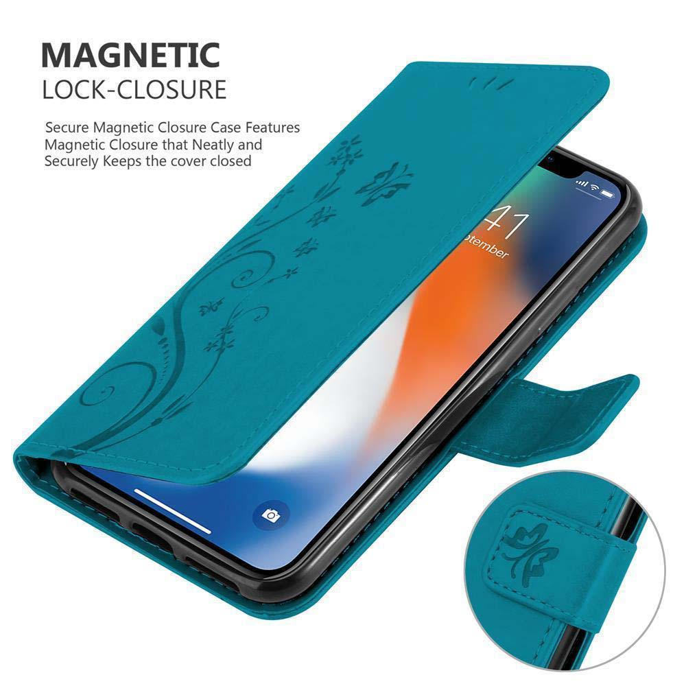 Una custodia per telefono color verde acqua con chiusura magnetica su sfondo bianco e un telefono all'interno.