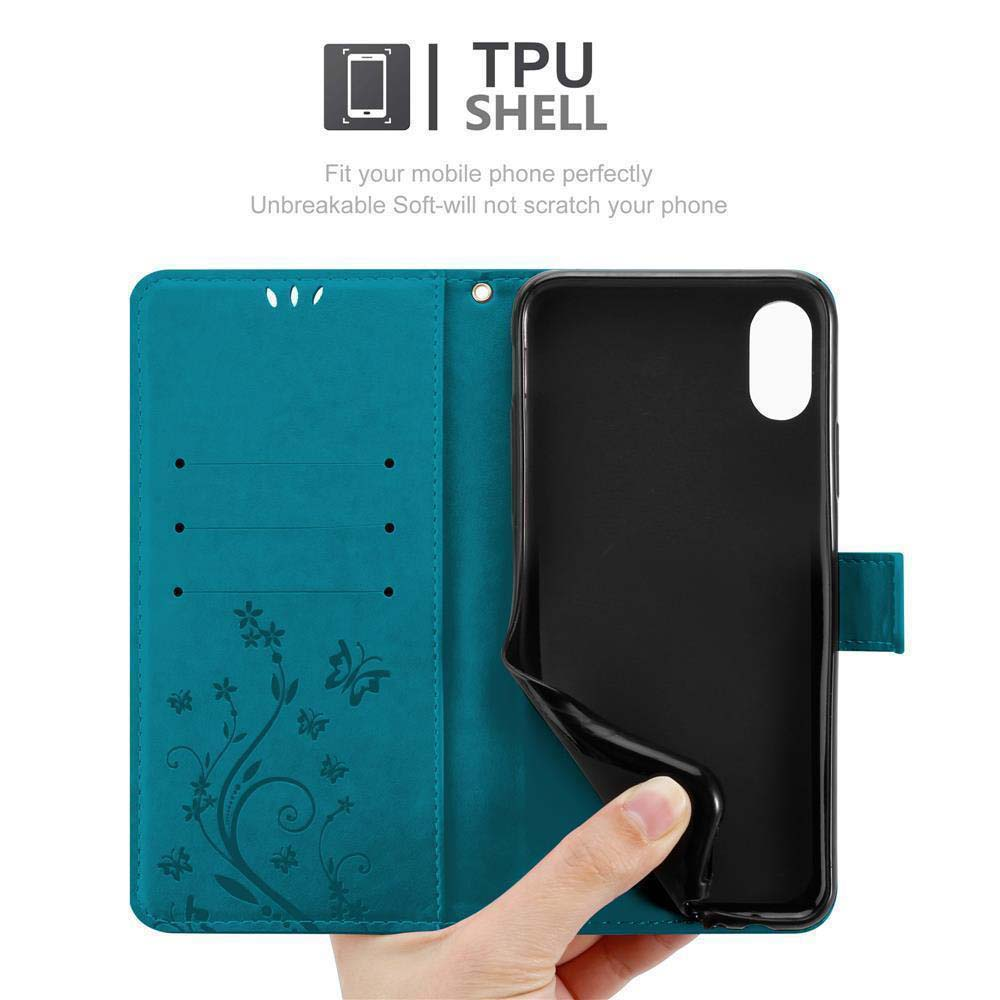 Custodia per telefono aperta color verde acqua con telefono nero. Testo: TPU SHELL, Adatta perfettamente il tuo cellulare...