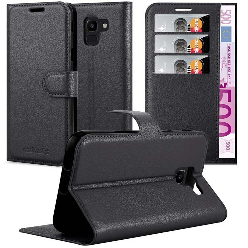 Custodia per telefono in pelle nera. È aperta, mostrando un telefono e fessure per carte e denaro.