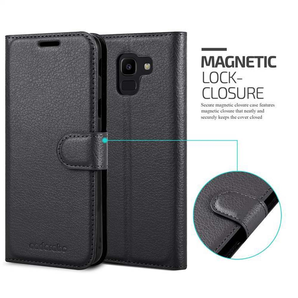 Custodia per telefono nera aperta, con chiusura magnetica. Testo: Magnetic Lock-Closure.