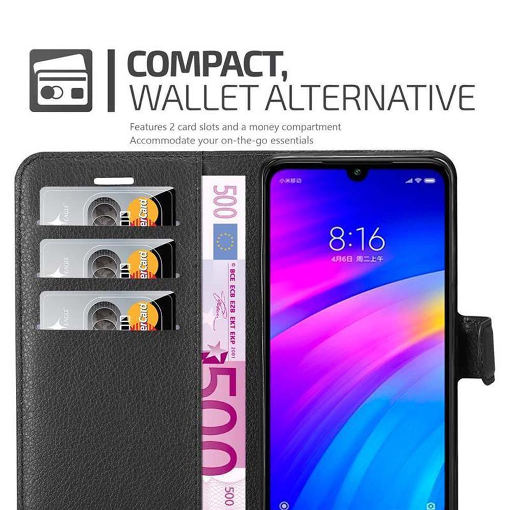 Portafoglio nero con carte di credito e denaro. Testo 'Compact, Wallet Alternative' in alto.