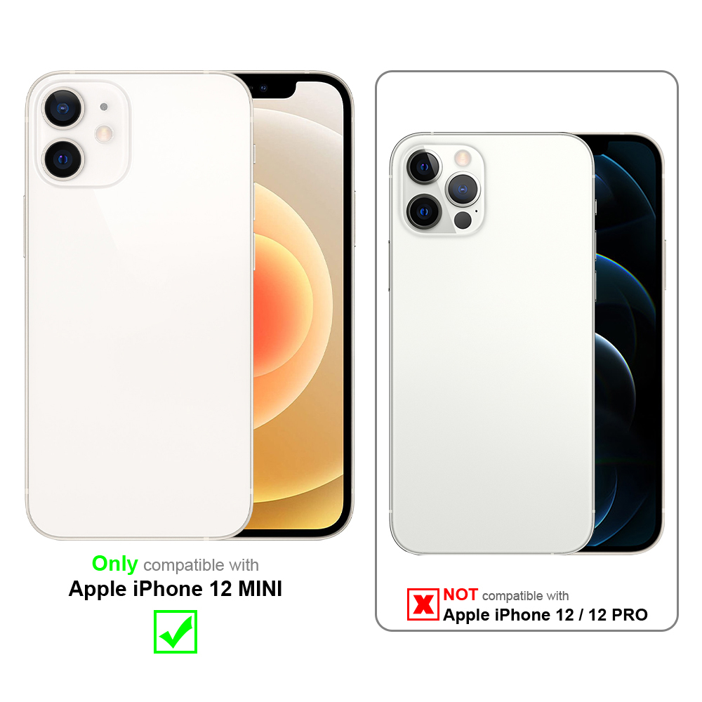 Zwei weiße iPhones 12 mini und iPhone 12/12 Pro, mit Häkchen bzw. rotem 'X'.
