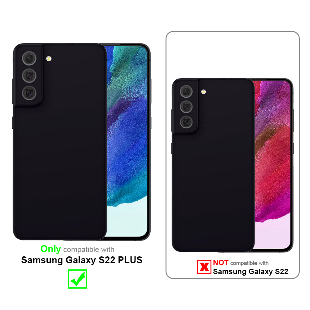 Zwei schwarze Handyhüllen, eine kompatibel mit Samsung Galaxy S22 PLUS, die andere nicht mit S22.