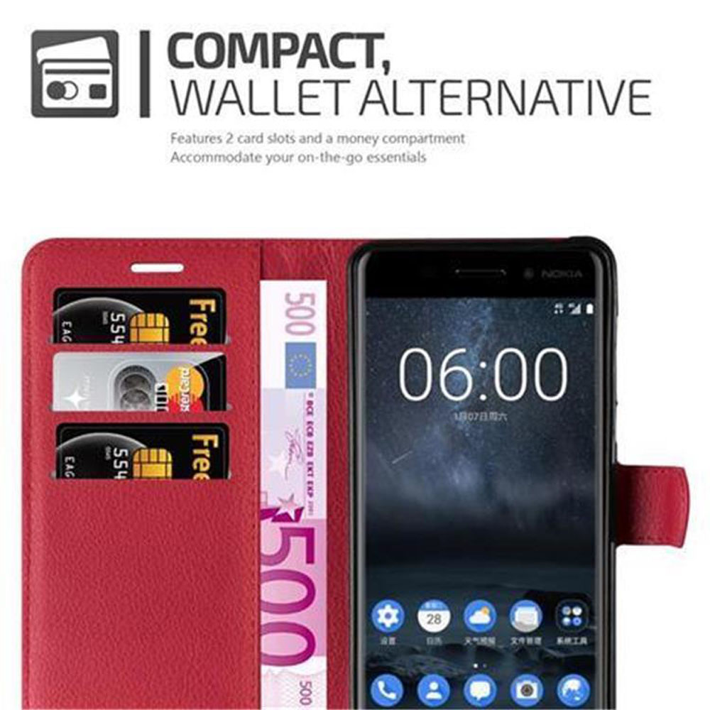 Rote Handyhülle mit Karten und Geld, und ein schwarzes Handy, das die Uhrzeit anzeigt.