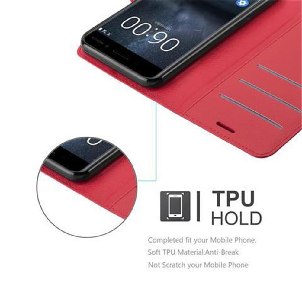 Smartphone in einer roten Lederhülle. Die Hülle ist offen und zeigt das Telefon und die TPU-Halterung.
