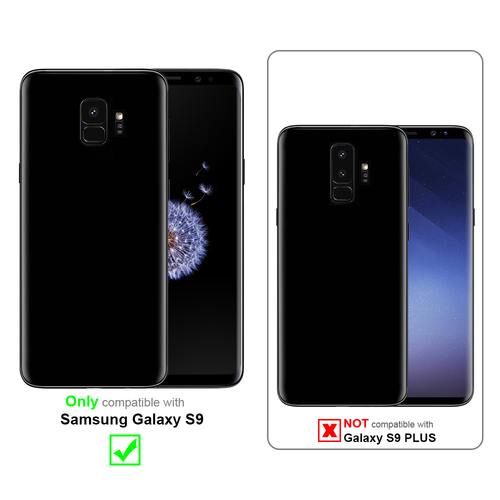 Due telefoni con custodie, uno nero, uno nero con immagine floreale bianca. 'Solo compatibile con Samsung S9'.