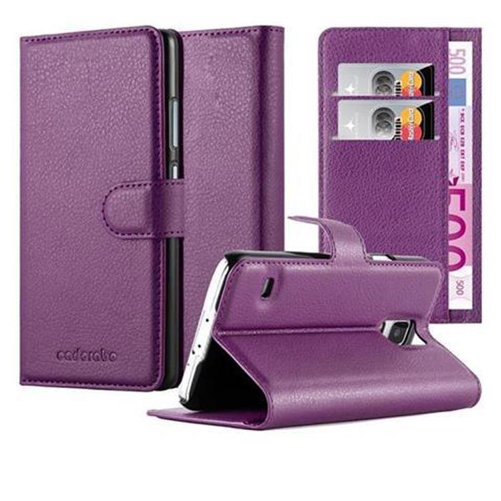 Custodia viola per telefono con telefono dentro. Ha scomparti per carte e chiusura magnetica. Marchio 'cadorabo'.