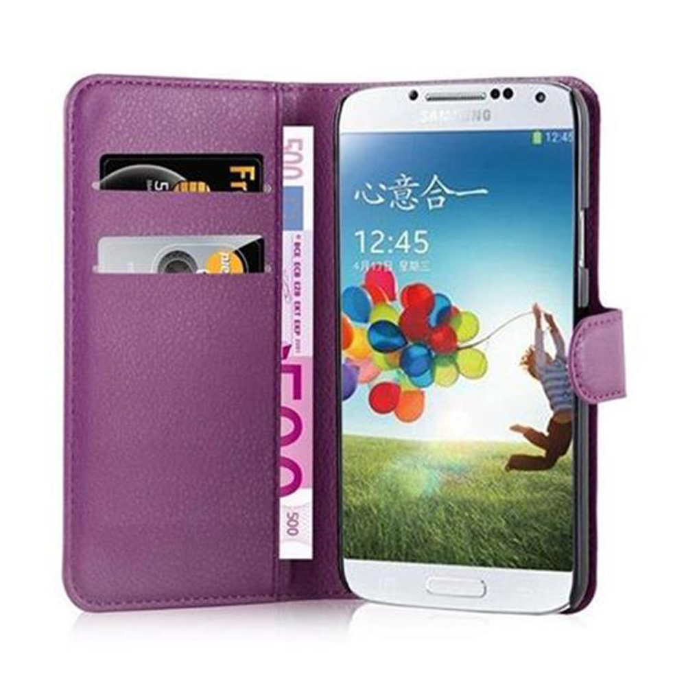 Custodia per telefono viola, aperta, con denaro e carte visibili. Un telefono dentro.