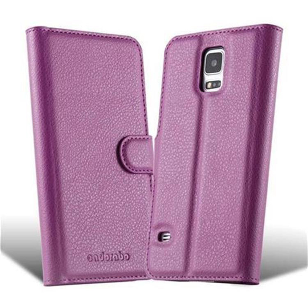 Custodia per telefono in pelle viola, aperta per mostrare l'alloggiamento. Con chiusura.