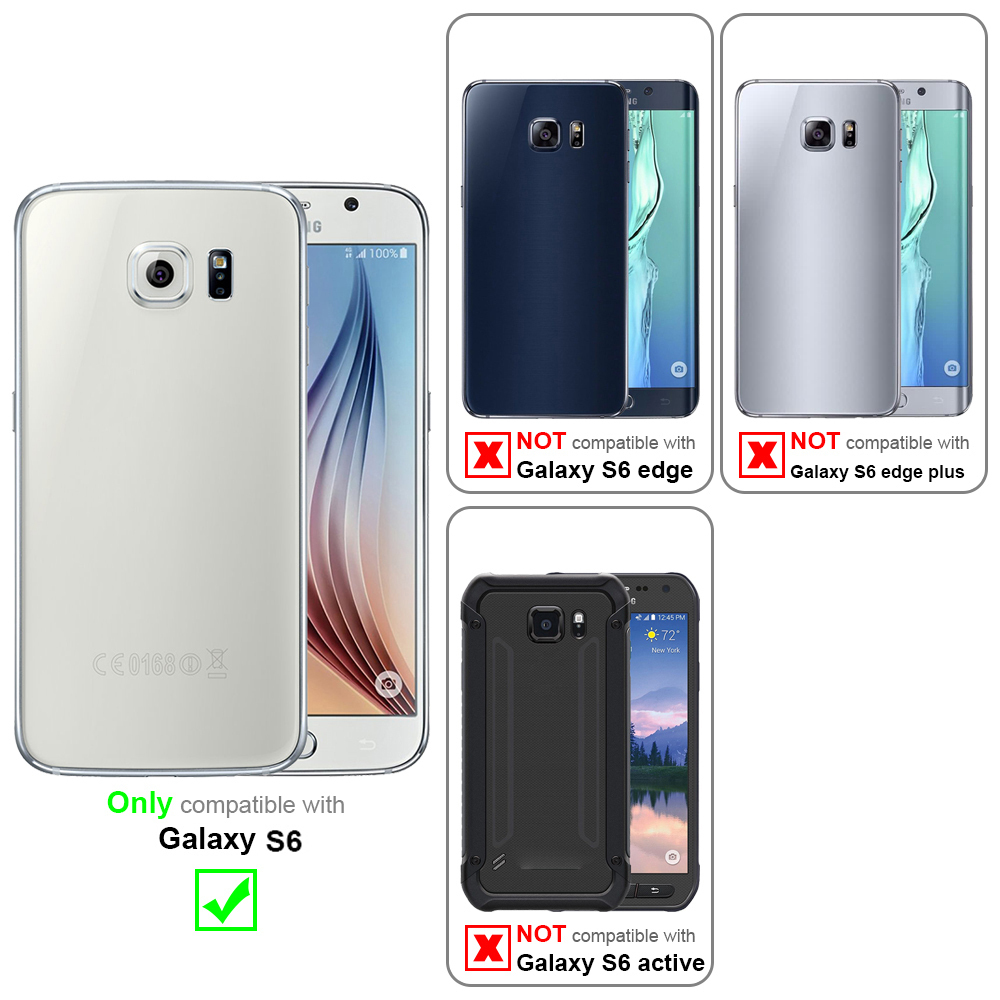 Custodie per telefoni, solo una è compatibile con Galaxy S6. Altre contrassegnate come non compatibili.
