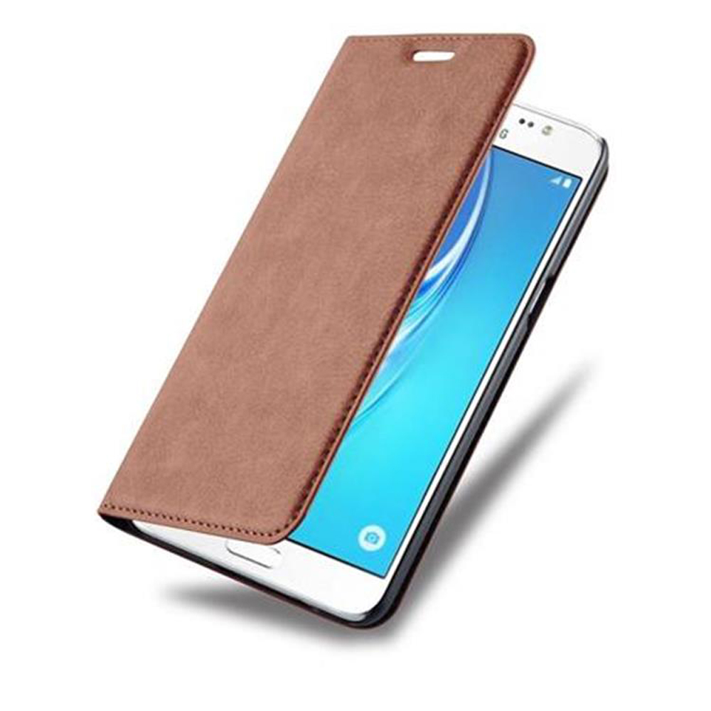 Custodia marrone aperta, con uno smartphone bianco all'interno. La cover è aperta.