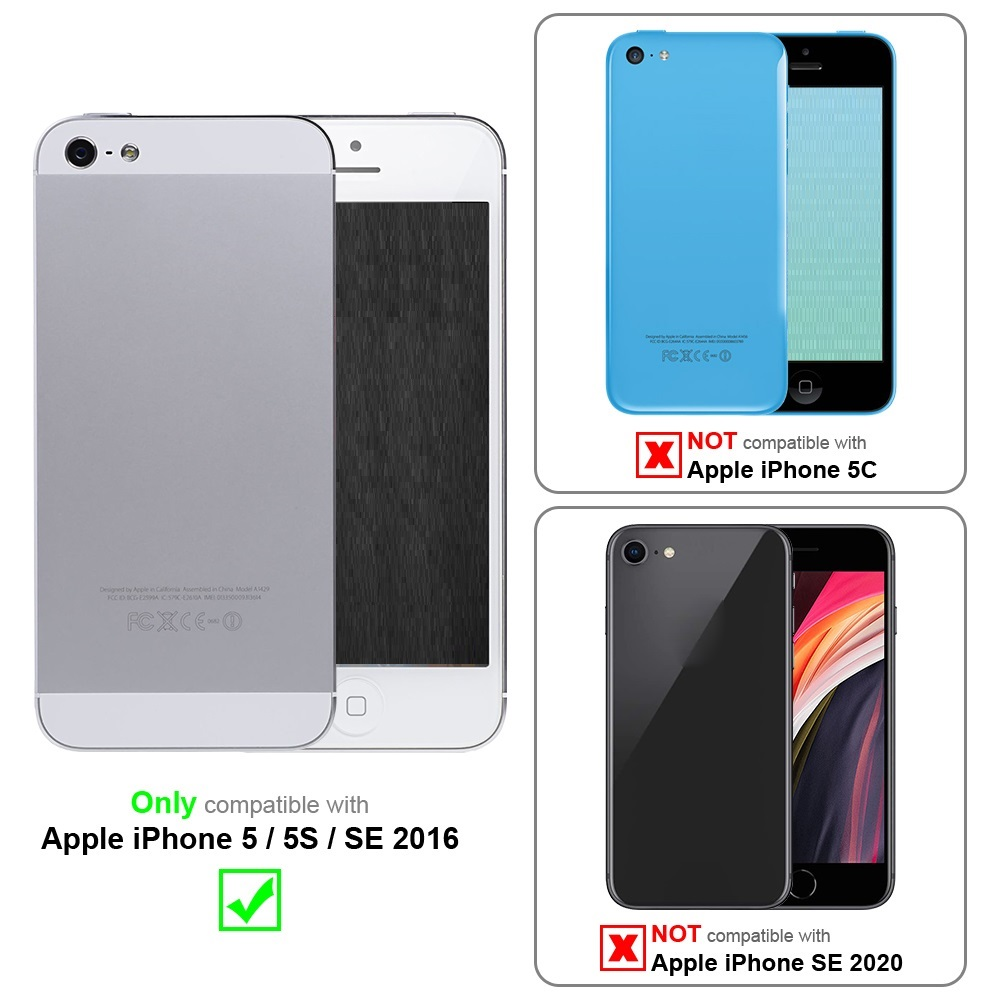 Bild zeigt drei iPhones, zwei silberne und eines blaue, die die Modellkompatibilität anzeigen.