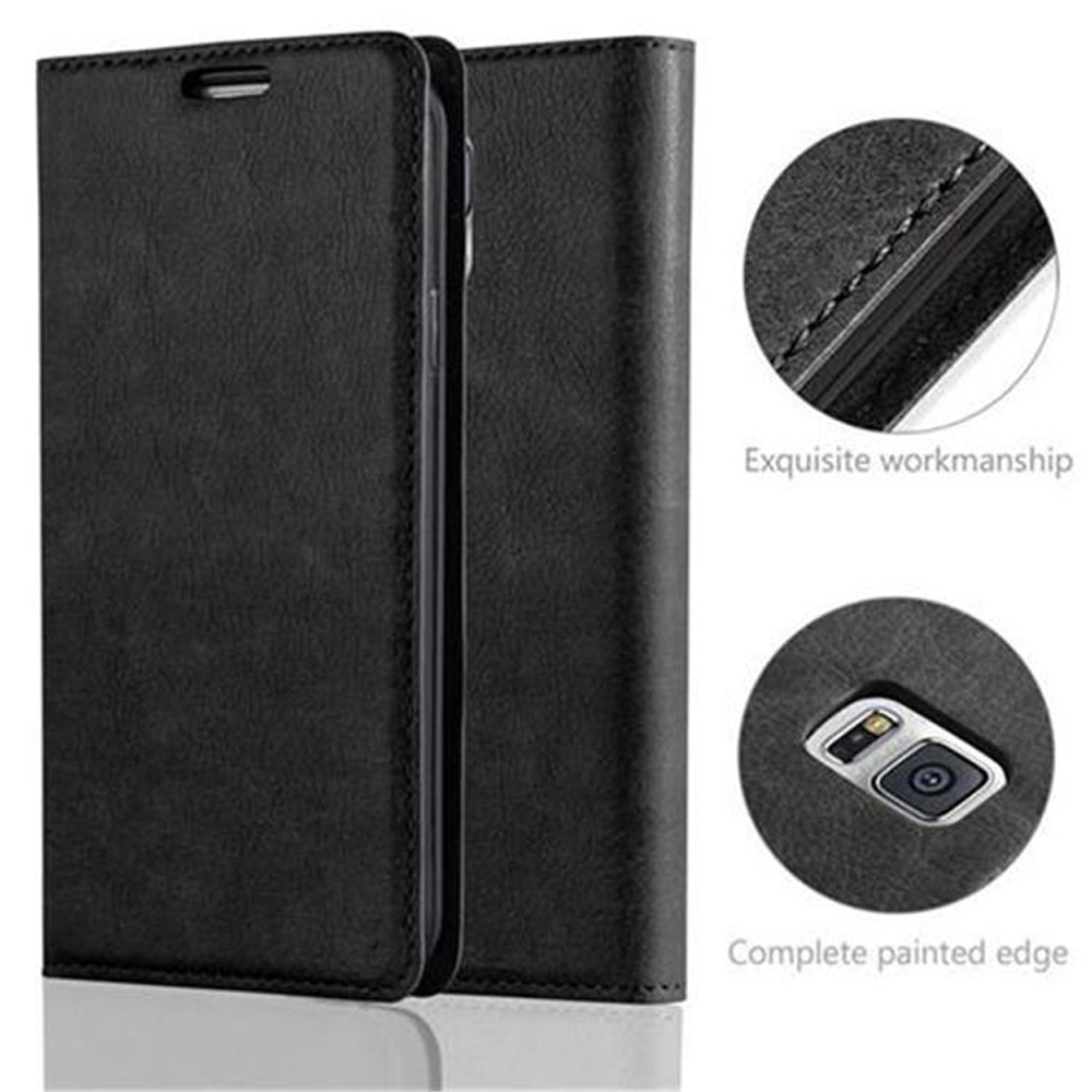 Funda de teléfono de cuero negro con ranura para teléfono. La funda está cerrada. Detalles muestran exquisita mano de obra y borde.