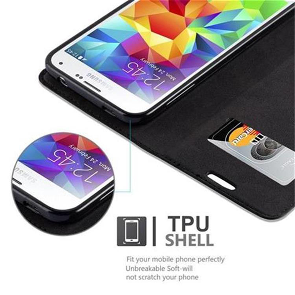 Un teléfono Samsung en una funda negra con ranura para tarjeta de crédito.