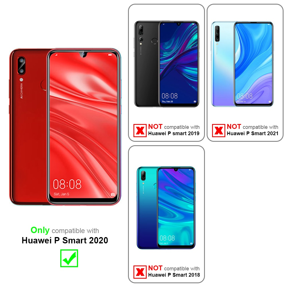Das Bild zeigt Telefone mit Kompatibilitätsprüfung. Nur das rote ist mit Huawei P Smart 2020 kompatibel.