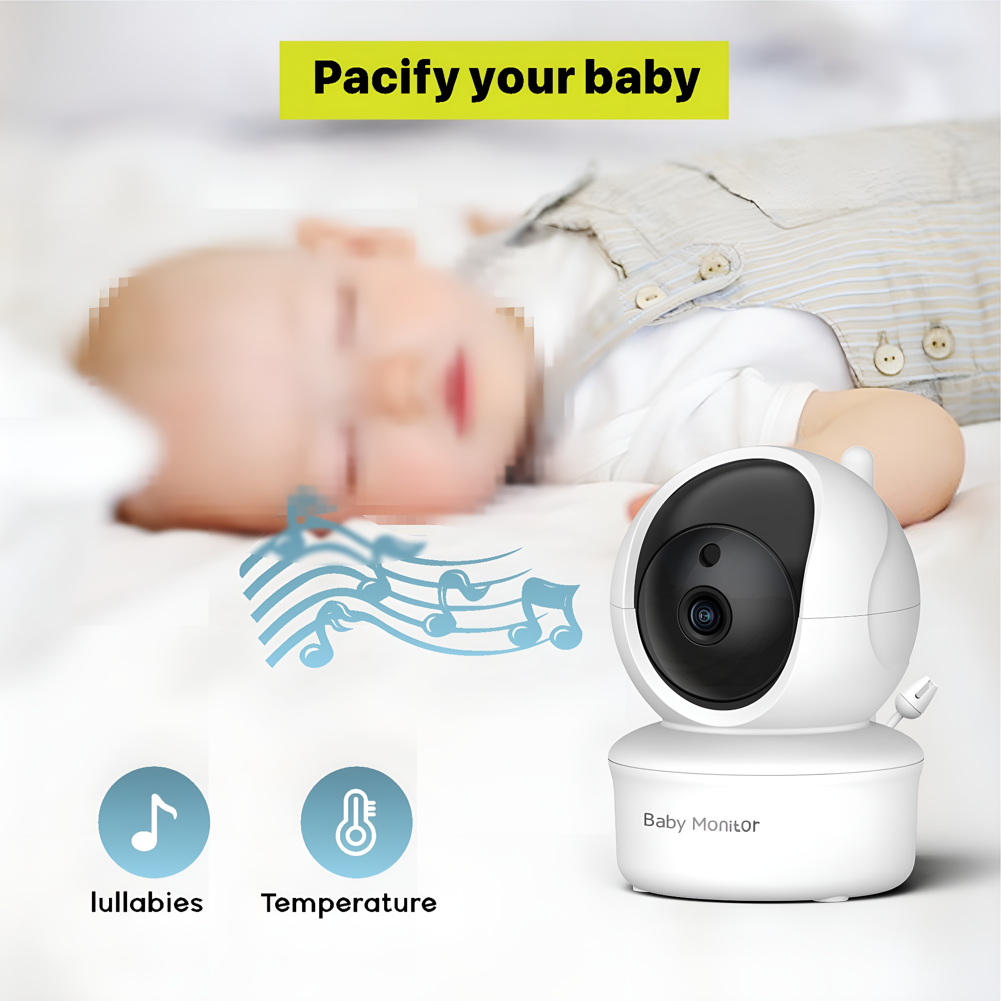 Babyphone mit schlafendem Baby im Hintergrund. Text "Beruhige dein Baby". Noten- und Temperatur-Icons.