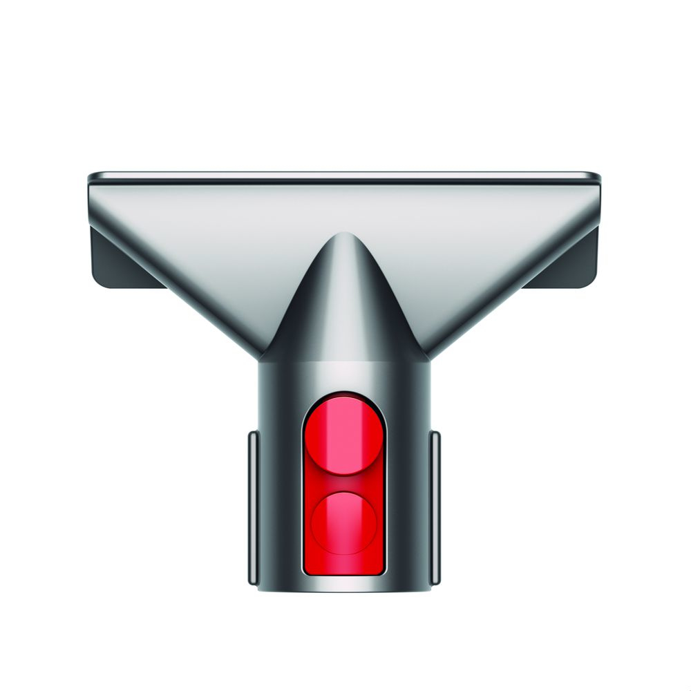 Staubsaugeraufsatz, silber mit roter Taste.