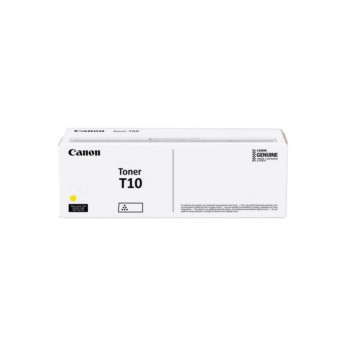 Pudełko Canon Toner T10. Białe z czarnym i żółtym tekstem i logo. Oryginalne części Canon.
