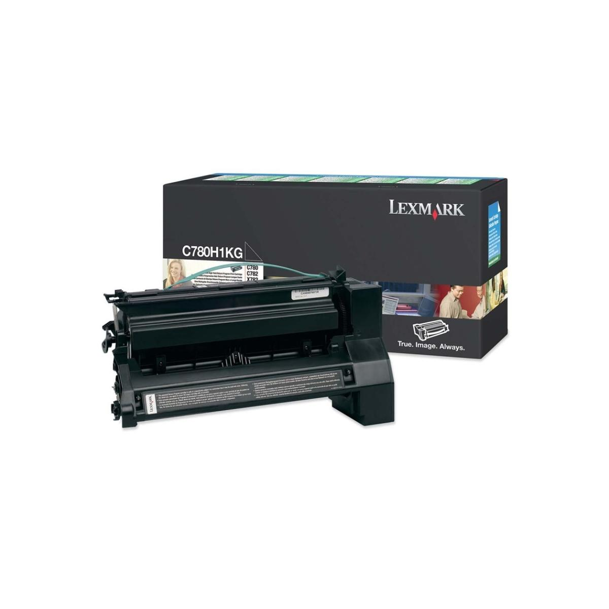 Cartuccia toner nera Lexmark e scatola. La scatola ha un'immagine della cartuccia e di una persona.
