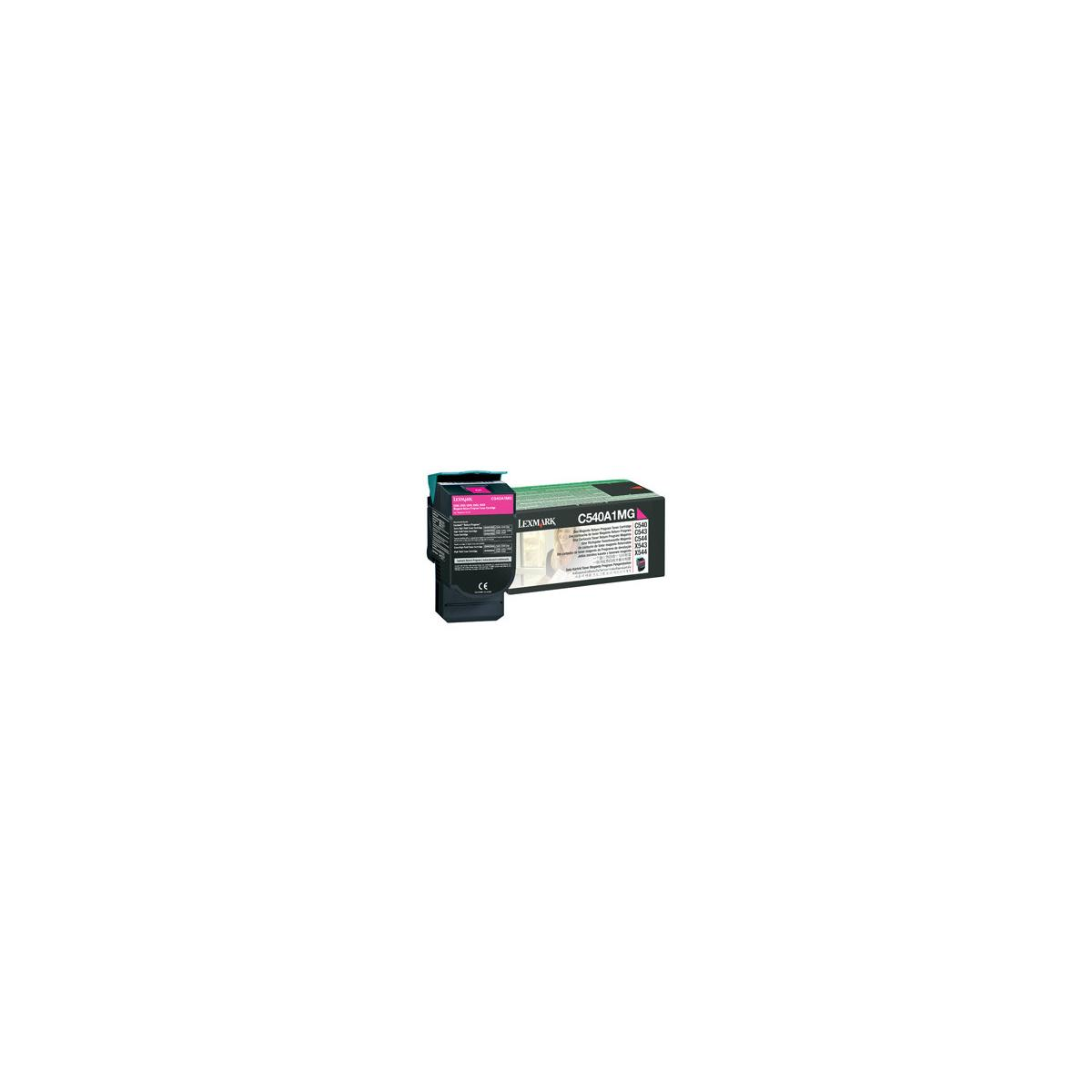Lexmark tonercartridge, zwart en roze, op witte achtergrond.