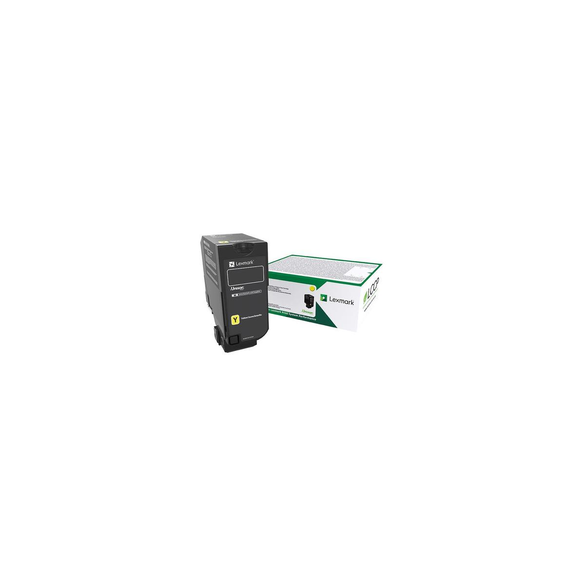 Lexmark printerinktcartridge en doos. De cartridge is zwart en geel. De doos is groen en wit.