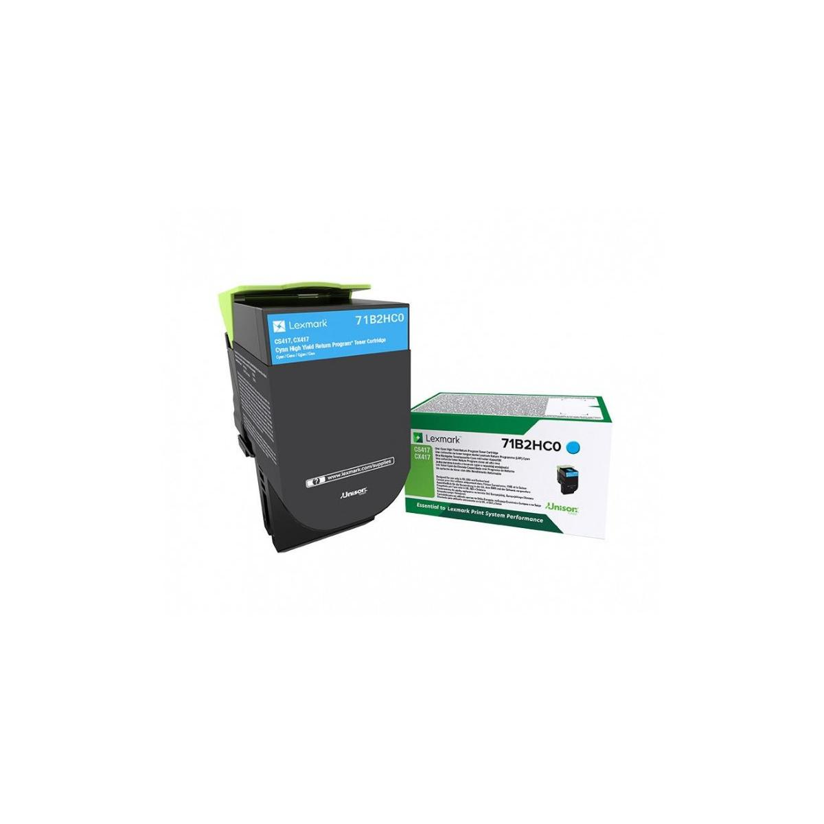 Zwarte en blauwe Lexmark-printercartridge met een groen label en een doos.