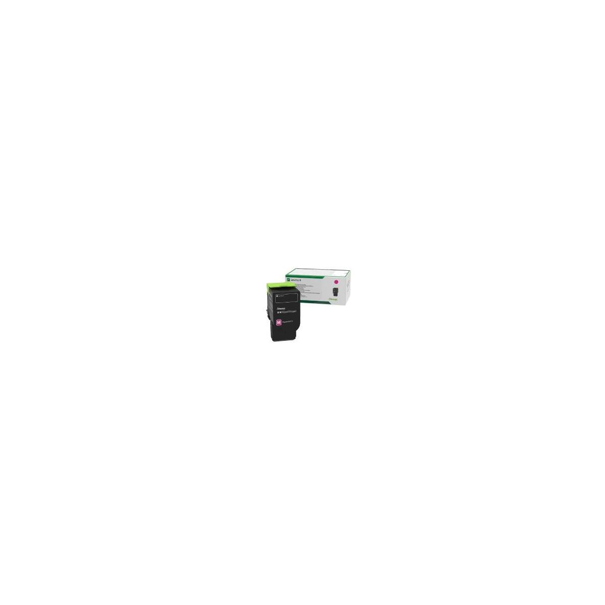 Piccola cartuccia toner nera con un'etichetta verde, accanto a una scatola. Sfondo bianco.