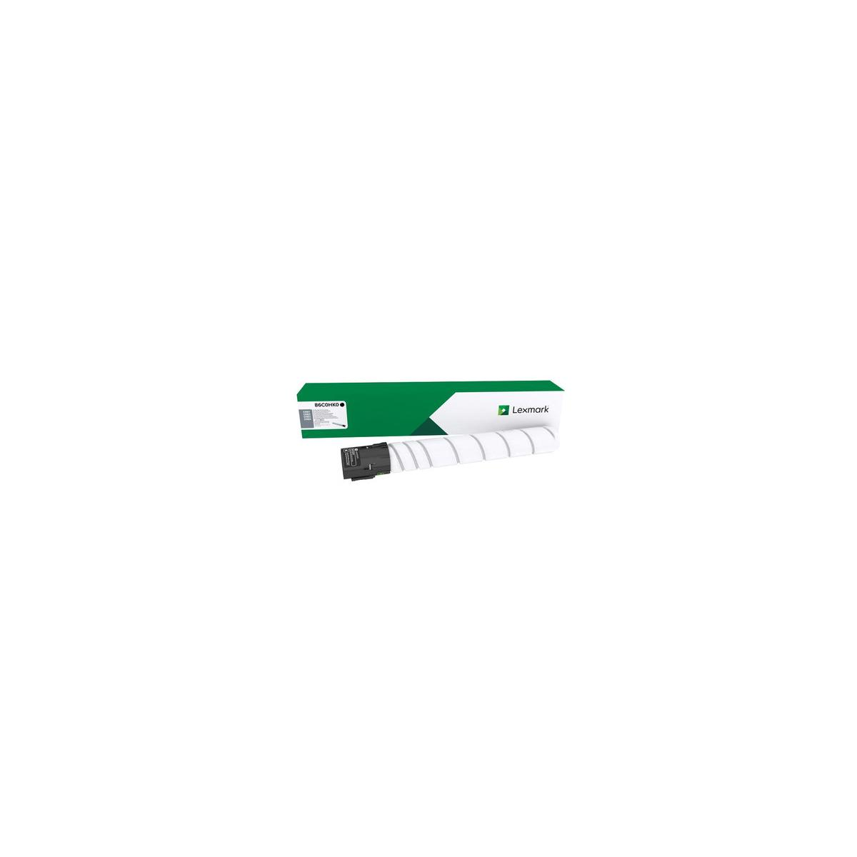 Een Lexmark inktcartridgebox en -cartridge op een witte achtergrond.