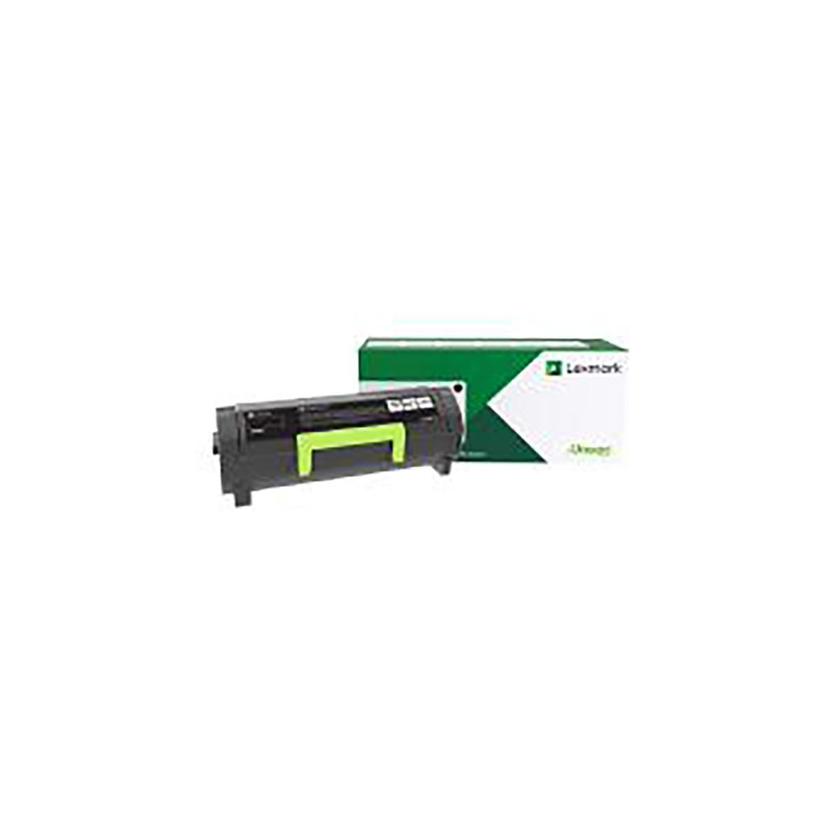 Cartuccia per stampante Lexmark nera con maniglia verde, con la sua scatola sullo sfondo.