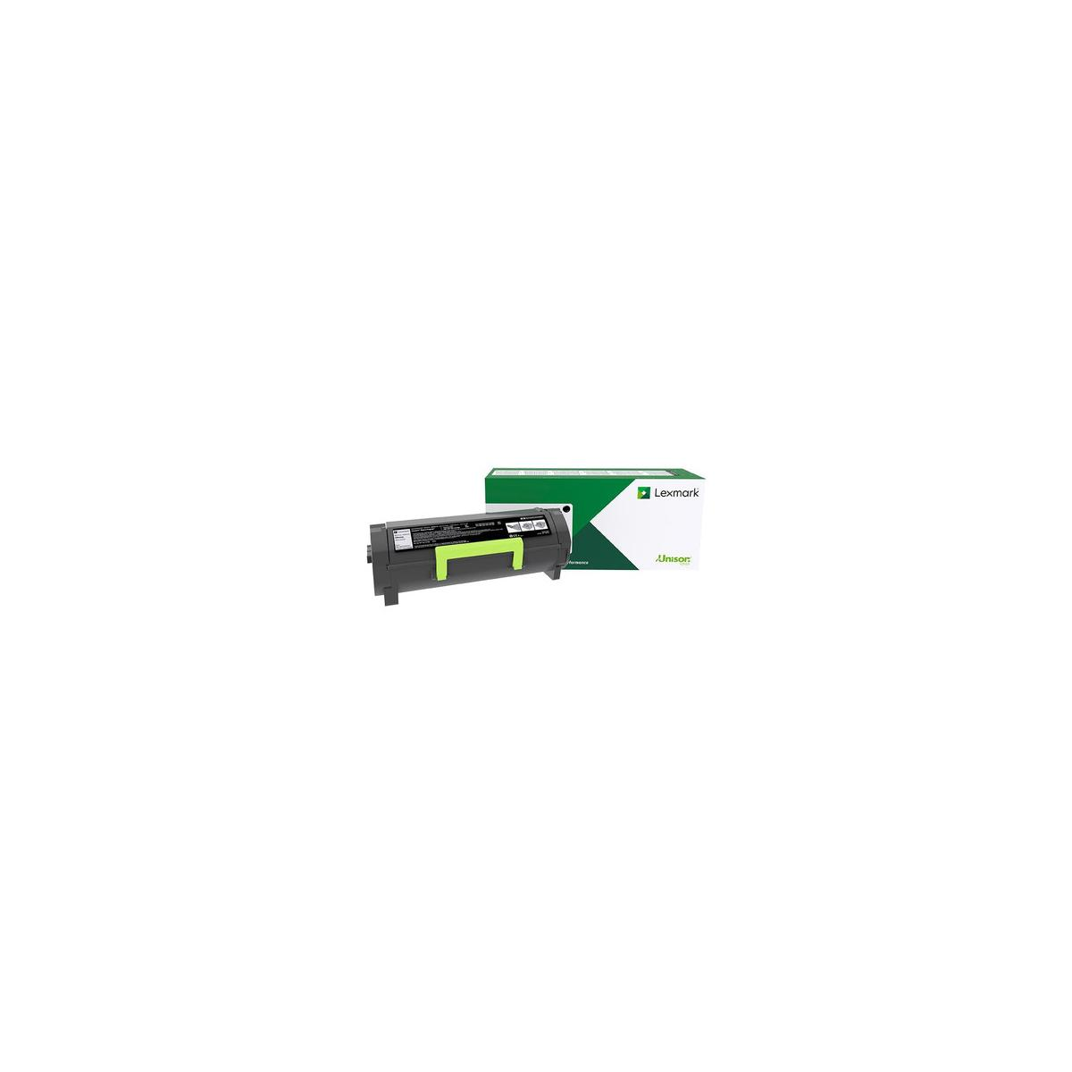 Een inktcartridge en een doos. De doos is wit en groen met een Lexmark-logo.