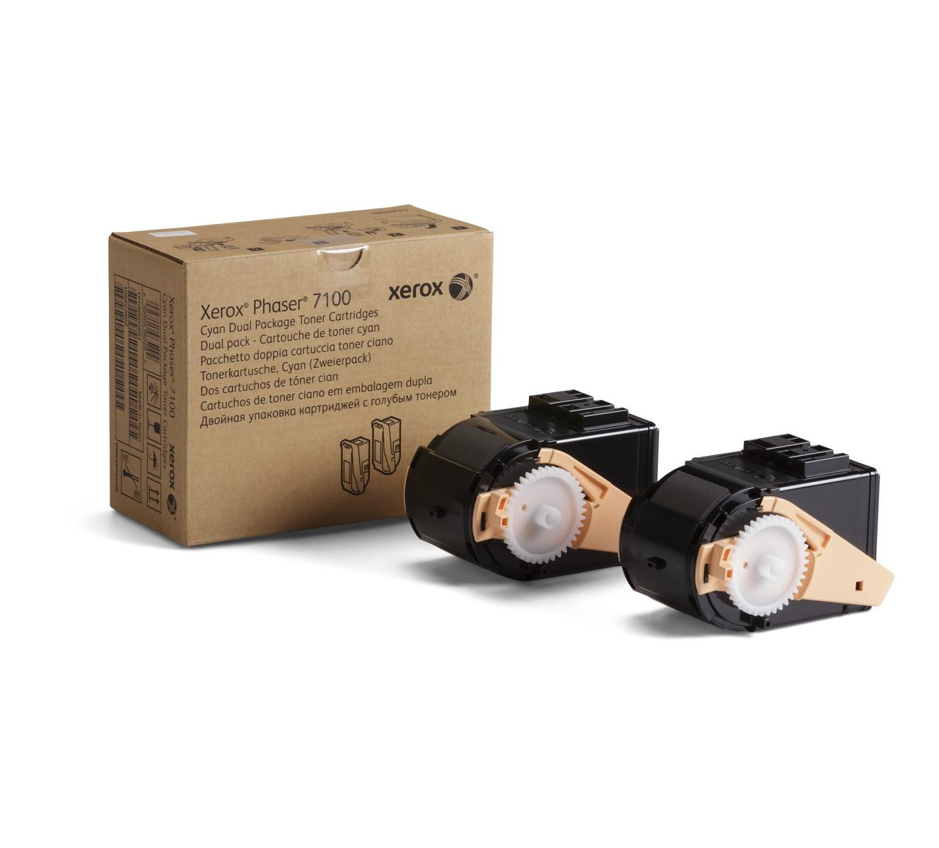 Xerox Phaser tonercartridges doos en twee zwarte cartridges met beige onderdelen. Witte achtergrond.