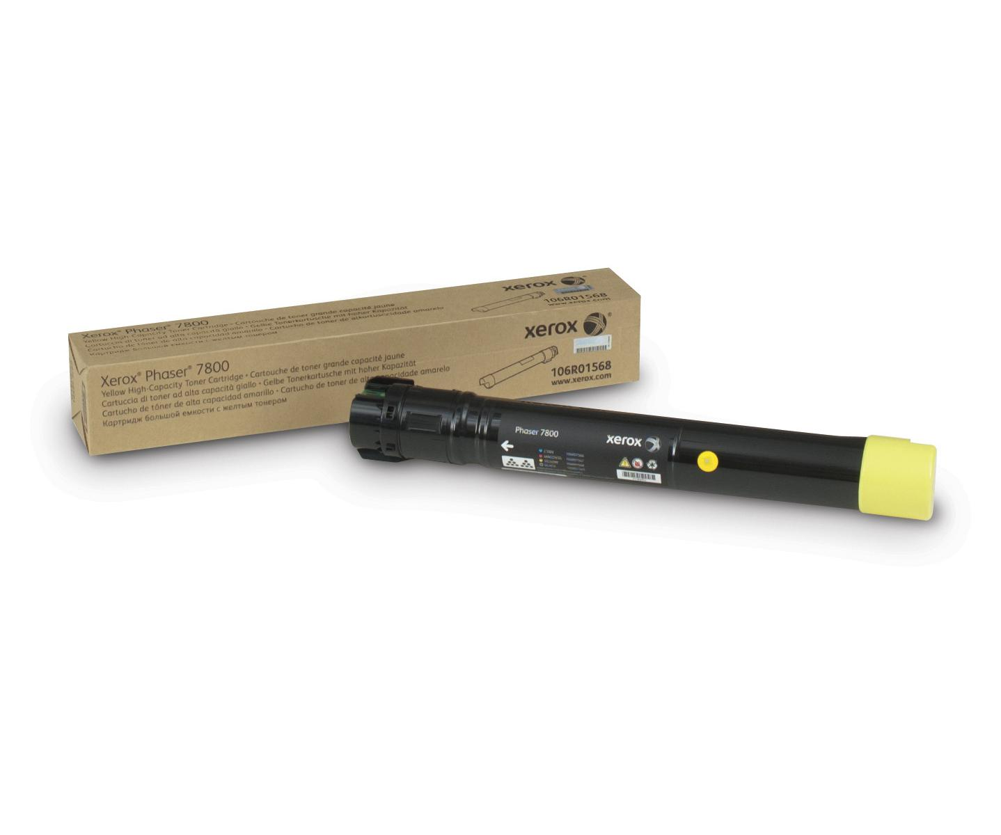 Cartuccia toner Xerox Phaser 7800 e scatola, sfondo bianco.