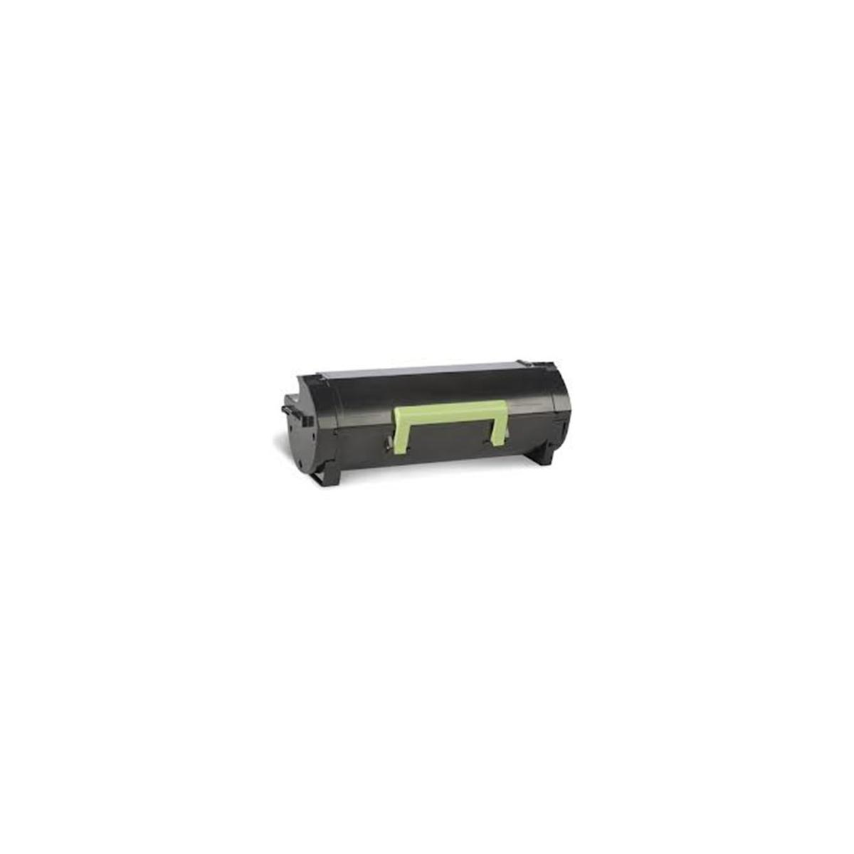 Zwarte tonercartridge met een groen label op een witte achtergrond.