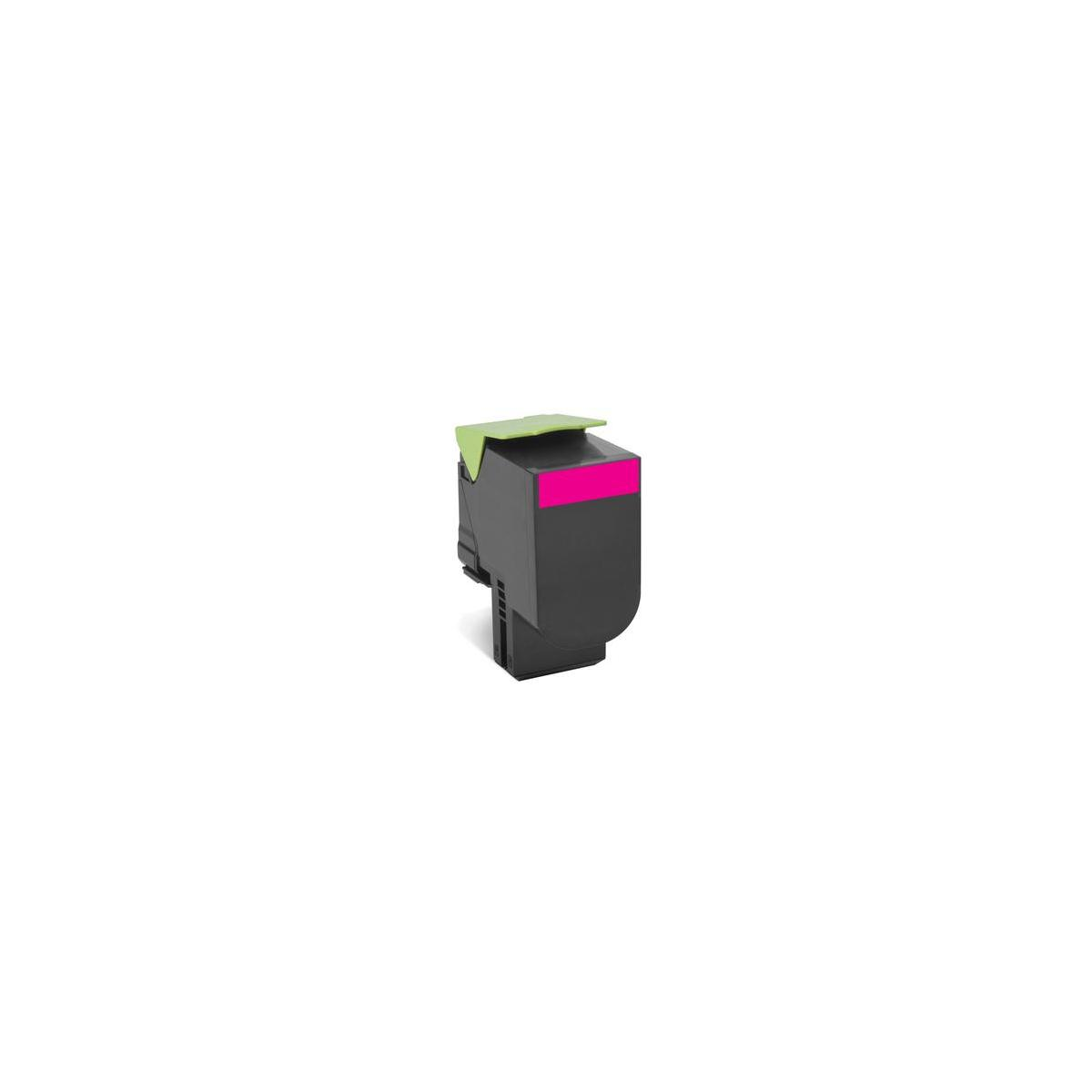 Magenta tonercartridge. De cartridge is zwart met een groene bovenkant.
