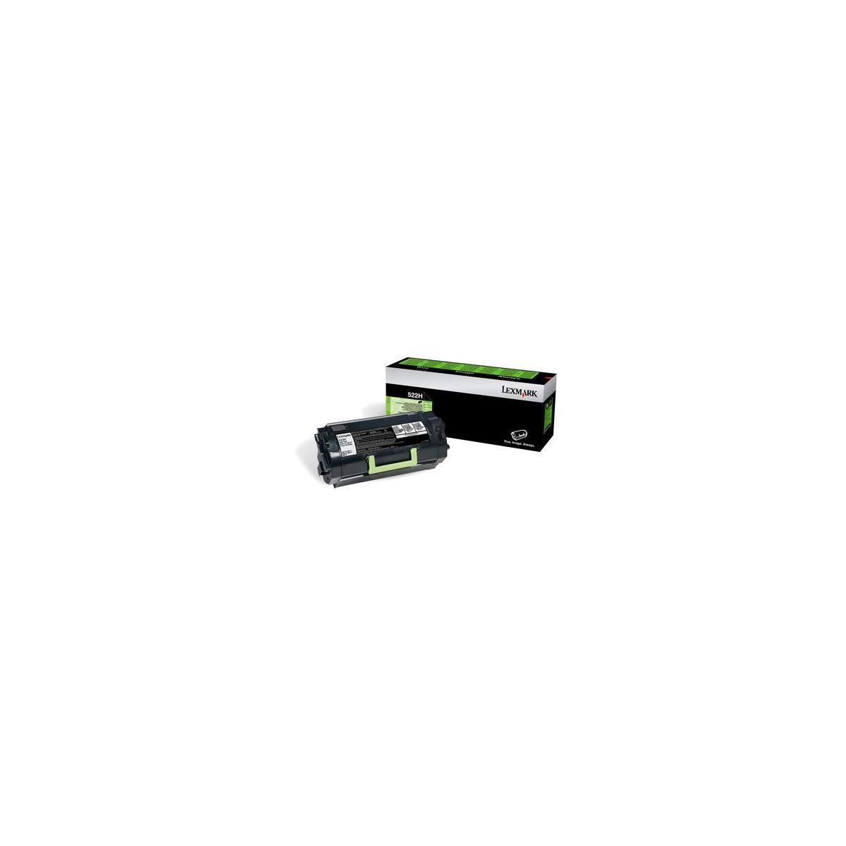 Inktcartridge en doos. De cartridge is zwart en groen, de doos is wit en groen.