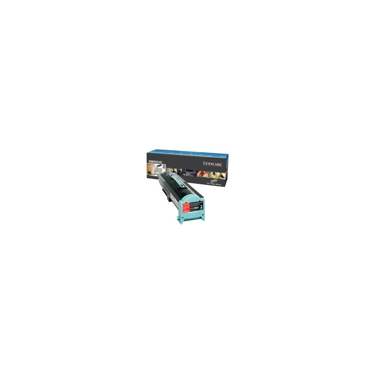 Cartuccia toner e scatola Lexmark. Cartuccia nera con dettagli blu, scatola nera con marchio.