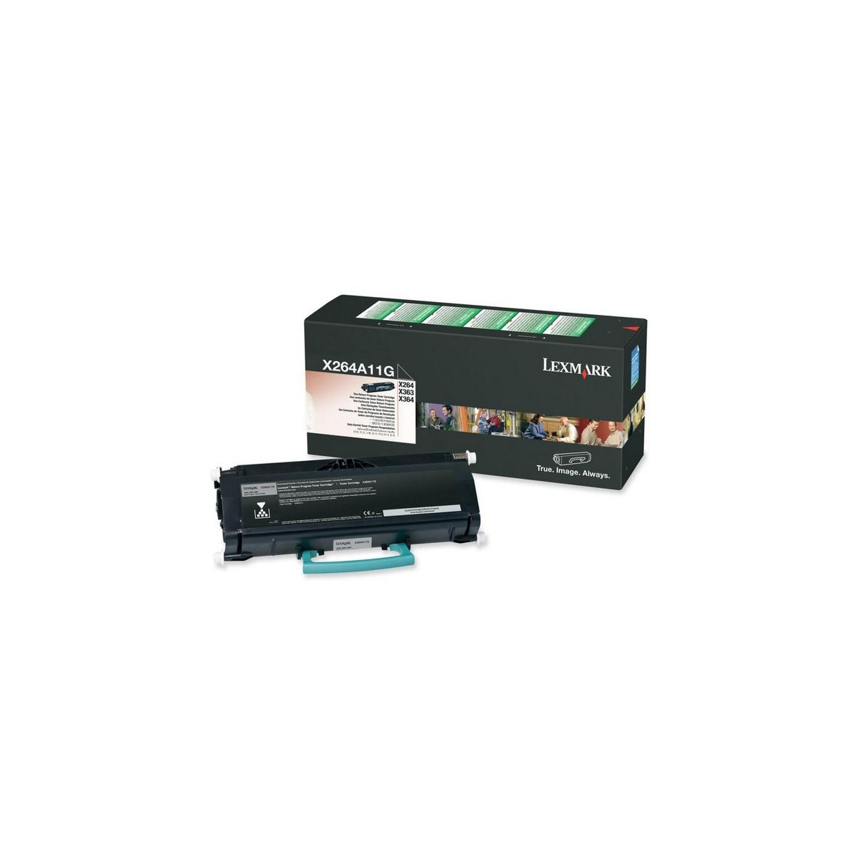 Cartuccia e scatola per stampante Lexmark. La cartuccia è nera. La scatola ha un'immagine della cartuccia e del testo.