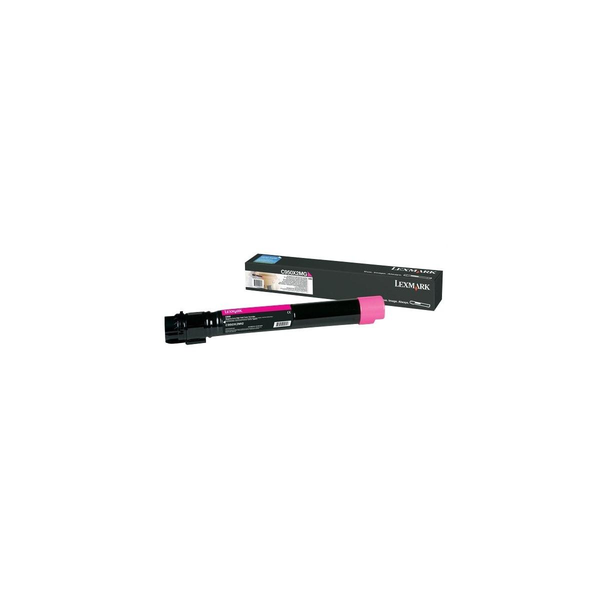 Lexmark magenta tonercartridge en doos. De doos is zwart en de cartridge heeft een roze uiteinde.